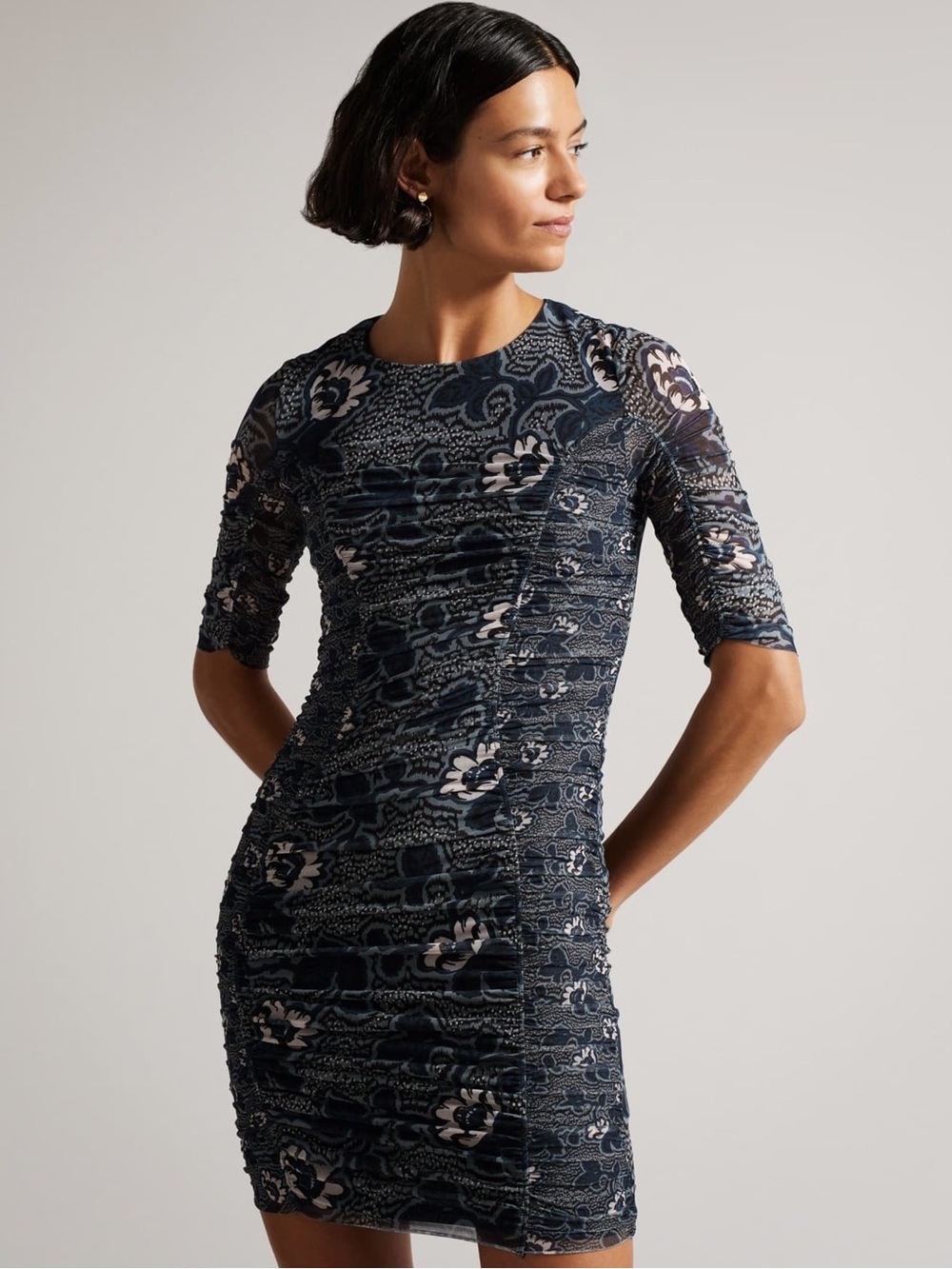 Ted Baker Velvit Ruched Mesh Floral Bodycon Mini Dress | Navy | 2 (US 6)